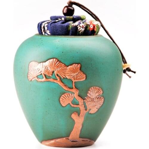 Manual Retro Coarse Pottery Tea Relief Cypress Ceramic Sealed S Cha Cang Chu Cha Guan Ceramic Jar Tea Storage Tea Container