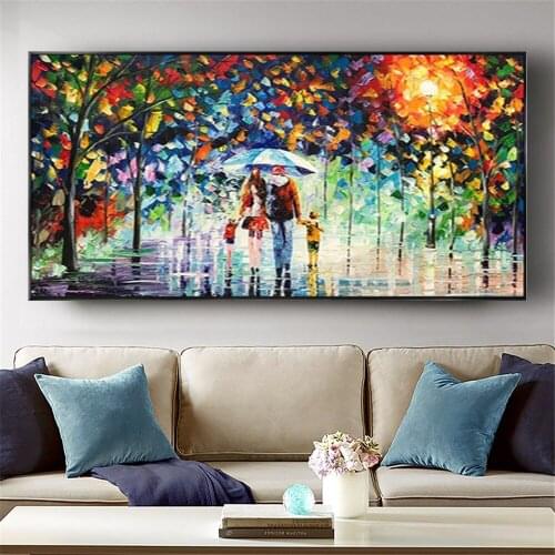Hand Painted Wall Art Picture Abstract Knife Landscape Oil Painting Parent-Child Warm Family Living Room Bedroom Home Decor