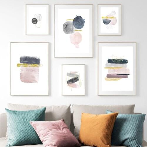 Wall Art Canvas Prints Blush Pink Navy Blue Gold Watercolour Abstract Painting Minimalist Poster Wall Pictures Living Room Decor