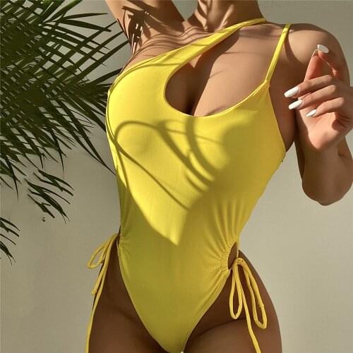 Sexy One Shoulder Swimwear Women Cut Out One Piece Swimsuit Summer Belted Bodysuit Black Bathing Suit Beachwear Backless Bathers