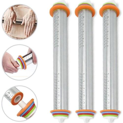 Hot selling Adjustable Stainless Steel Rolling Pin Dough Roller 4 Removable Adjustable Thickness Rings Pizza Pastry Pie Baking