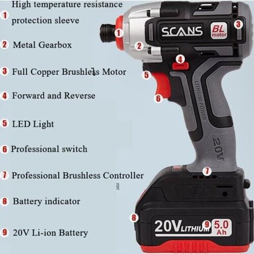 SCANS SC2180 Professional Tool 20V Cordless Brushless Lithium Impact Driver Impact Screwdriver with Li-ion Battery Free Return