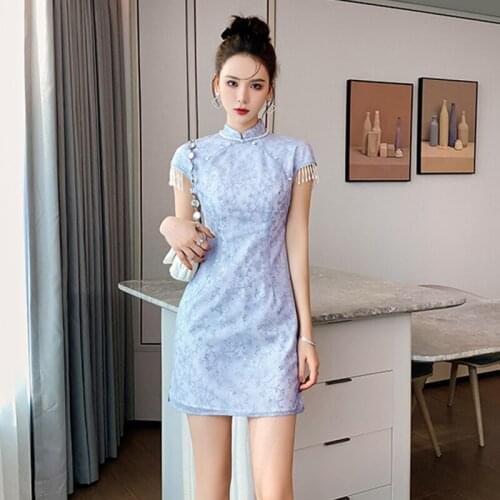 Chinese Style Vintage Short Sleevs Stand Neck Mini Party Dress Ladies Coffee Break Casual Floral Pearl Femal Beach Short Dress
