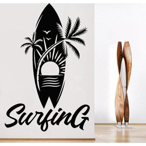 Water Sports Wall Decals Surf Surfing Board Palm Beach Sun Creative Pattern Vinyl Waterproof Wall Stickers Teen Room Decor Z264