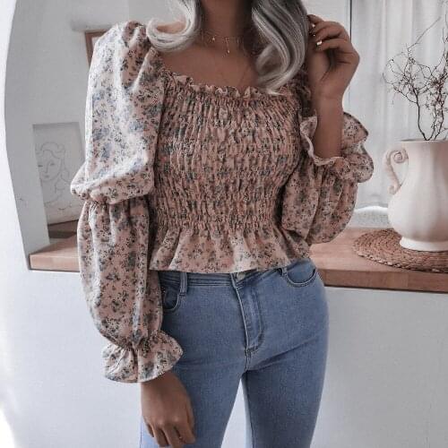 Womens Slash Neck Fashion Floral Print Chiffon Blouses Sweet Small Fresh Long Puff Sleeves Chiffon Shirt Blouses Blusa Mujer