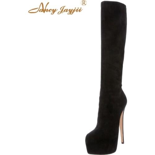 Women Black Soft Leather Velvet Suede Platform Daff Boots 160 With Side Zip Closure And Covered Heels Outdoor&Snow Plus 4-16