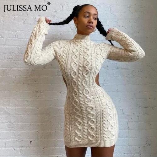 JULISSA MO Fashion Knitted Long Sleeve Sweater Dresses Womens 2021 Autumn Hollow Turtleneck Party Dress Femme Casual Vestidos