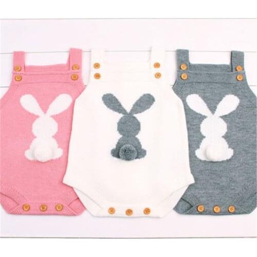 Winter Cute Newborn Baby Boys Girls Bunny Knit Wool Rabbit Bodysuit Jumpsuit Sleeveless Square Collar Cartoon Outfits Clothes