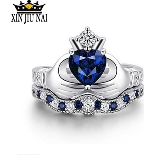 2-color 2-piece/pc Punk Sea Heart Black-and-white engagement double-ring Suit Blue cubic zirconia crown ring gift