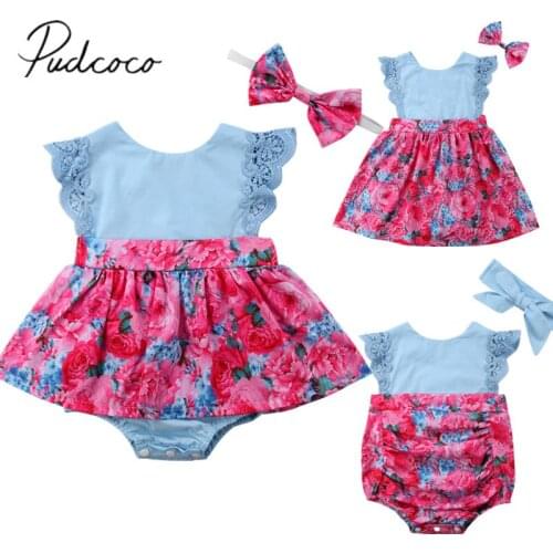 2018 Brand New Infant Child Sisters Kids Baby Girl Summer Lace Royal Floral Romper Dress Sundress 2Pcs Sleeveless Summer Sunsuit