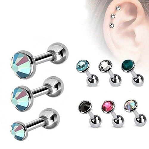 3Pcs/Lot Simple Round Rhinestone Tragus Helix Bar Cartilage Piercing Earrings