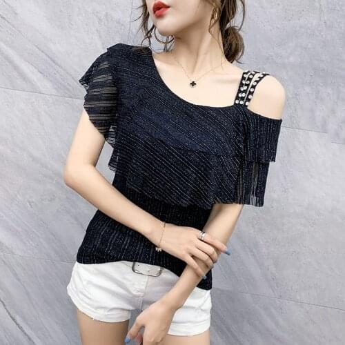 #5909 Summer Black White Red Off Shoulder T Shirt Women Sexy Slim Womens Tee Shirts Ruffles Tight T-shirt Femme Korean Style