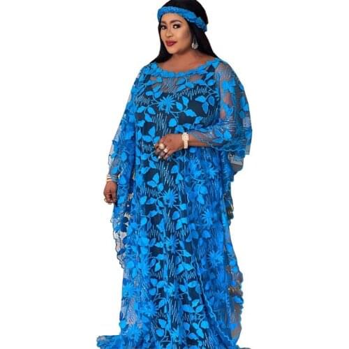 African Dress Women With Head Tie Flare Sleeve Loose Boubou 2021 Embroidery Sexy Mesh Bazin Riche Traditional African Dress Robe