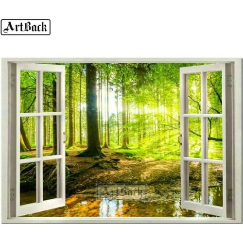 New 5d diamond painting window big tree landscape full square / round scenery diy 3d diamond art handmade mosaic 60x90cm