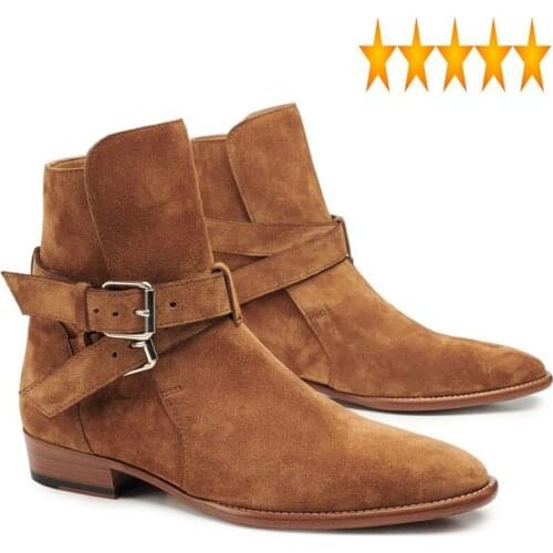 British Style Men Handmade Fashion Buckle Strap Chelsea Cow Suede Leather Pointed Toe Party Wedding Boots Plus Size