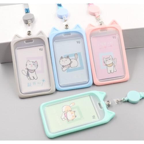 1PC Cute Cartoon Cat Card Holder Bank Identity Bus ID Card Holder Case with Retractable Reel Lanyard Credit Cover Case Kids Gift