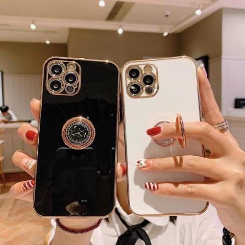 Plating Golden Ring Holder Stander Soft Phone Case For iphone X XR XS 11 Pro Max 12 Pro 7Plus 8Plus 6S 7 8 Plus SE 2020 + Cover
