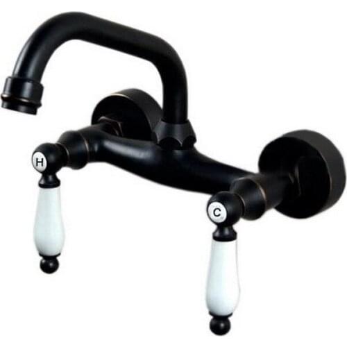 Black Oil Rubbed Bronze Wall Mounted Dual Porcelain Handles Kitchen Bathroom Vessel Sink Faucet Mixer Taps ahg001