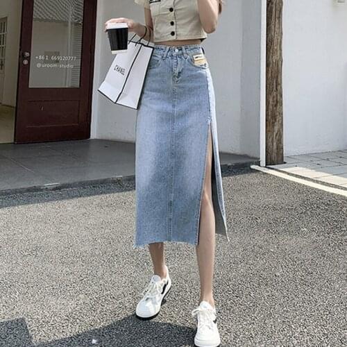Denim Skirt High Waist Split Jean Skirt Korean Fashion A Line Midi Skirt 2021 Furcal Loose Summer Slit Skirt Jupe Femme Faldas