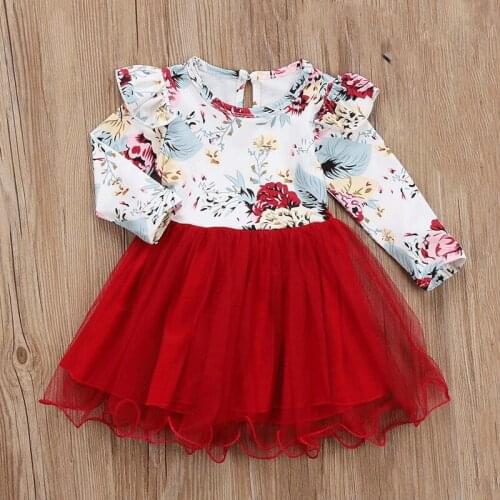 12M-4T Toddler Tulle Dress Long Sleeve Print Flowers Soft Cotton Kid Clothes Girl Tutu Mesh Dress Spring and Autumn Pullover New