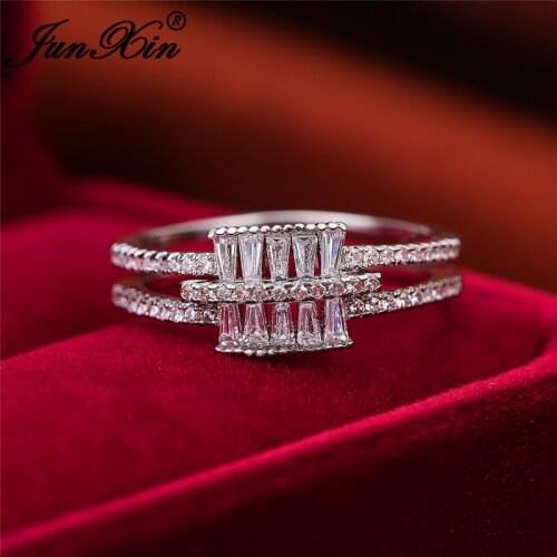 Geometric Crystal Ring Silver Color White Zircon Wedding Rings For Women Vintage Female Bridal Promise Engagement Ring Jewelry