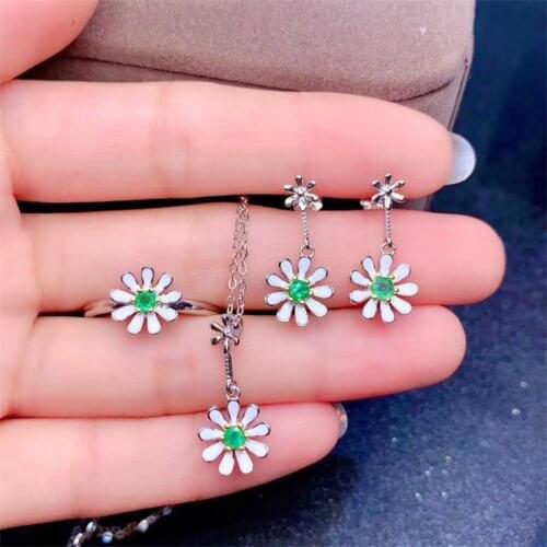 100% 925 Sterling Silver Created natural Emerald Gemstone Necklace/Earrings/Ring Set Wholesale Wedding Jewelry Sets