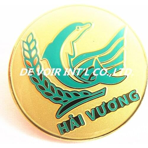 Round metal pin badge with gold plating, blue enamel with clutch