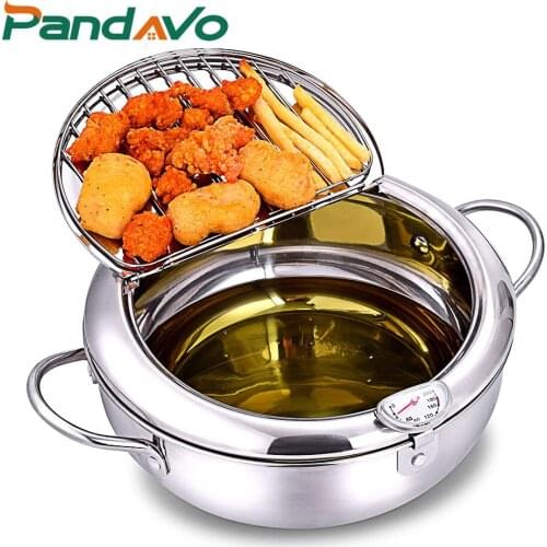 Kitchen Deep Frying Pot Stainless Steel Thermometre Tempura Fryer Pan Temperature Control Fried Chicken Pot Cooking Tools