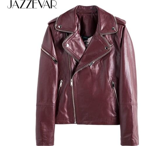 JAZZEVAR 2021 New High Fashion Street Women Real Sheep Skin Leather Jacket Wine red Genuine Leather zipper Motorcycle Jackets
