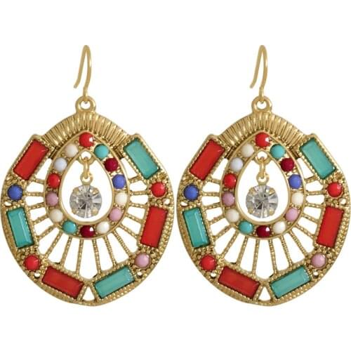 Trendy Gold Color Plating Red Green Stone Around Circle Statement Drop Earrings For Women Bohemia Chic Gorgeous Party Decoration