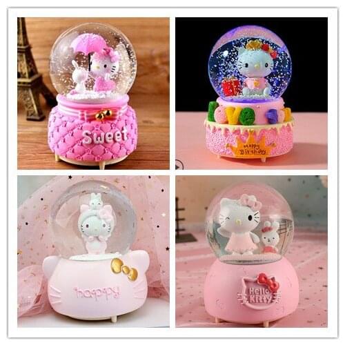 Crystal Ball Music Box kitty Pink Girl Star Moon Rainbow Unicorn Glowing Snowflakes Music Box Home Decoration Desktop Ornament