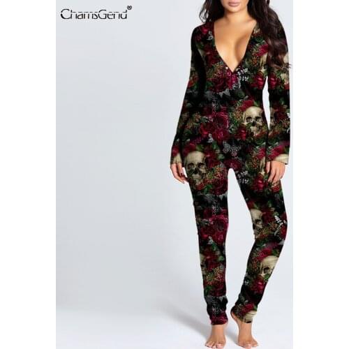 Halloween Print Sexy Pajama Women Jumpsuit Long Sleeve Pyjama Button-down Front Functional Buttoned Flap Pajamas Sleepwear