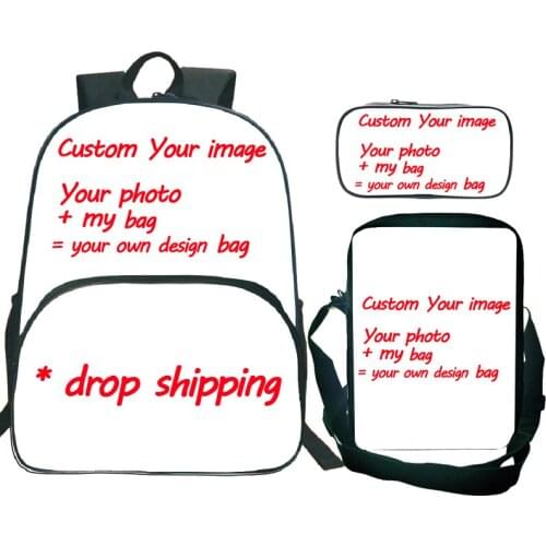 Drop shipping Top Quality Customized Your image Custom pattern School Backpack 3pcs/set Backpack+Shoulder Bag+pencil Case