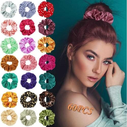60Pcs Hair Scrunchies Braiders Women Girls Velvet Chiffon Silk Flower Elastic Hair Bands Colorful Headband Hair Accessories