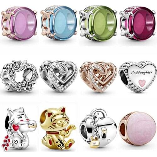 Pink Green Blue Oval Cabochon Open Heart & Rose Flowers Swirl Charm 925 Sterling Silver Beads Fit pan Bracelet Diy Jewelry