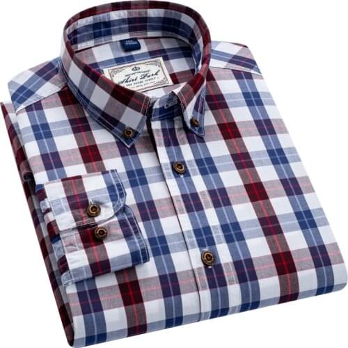 Aoliwen High Quality 100% Long Staple Cotton Plaid Long Sleeve Shirts Mens Autumn Casual Single Patch Pocket Plaid Shirts