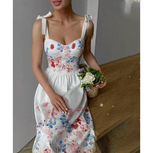 Spaghetti Strap Floral Print Womens Midi Dress Elegant Lace Up Sleeveless Dresses For Woman 2021 Summer Fashion Party Vestidos