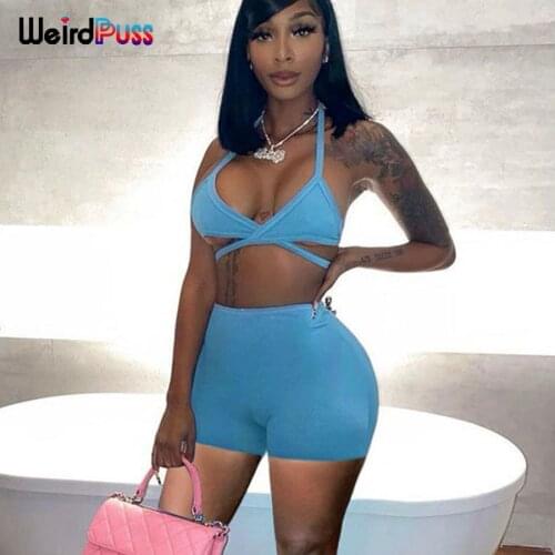 Weird Puss Skinny Bandage 2 Piece Set Women Summer Sexy Backless Halter Tank Tops+Biker Shorts Matching Party Vacation Outfits