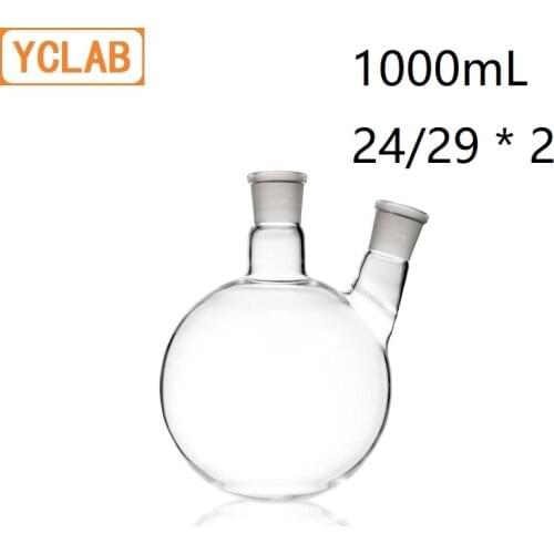 YCLAB 1000mL 24/29 Distillation Flask Oblique Shape with Two Necks Standard Ground Mouths Distilling Round Bottom
