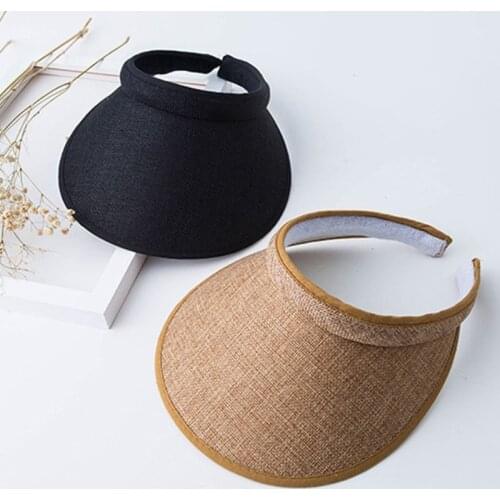 Women Ladies Summer Weave Straw Empty Top Beach Cap Clip-On Solid Color Large Wide Brim UV Protection Breathable Sun Visor Hat