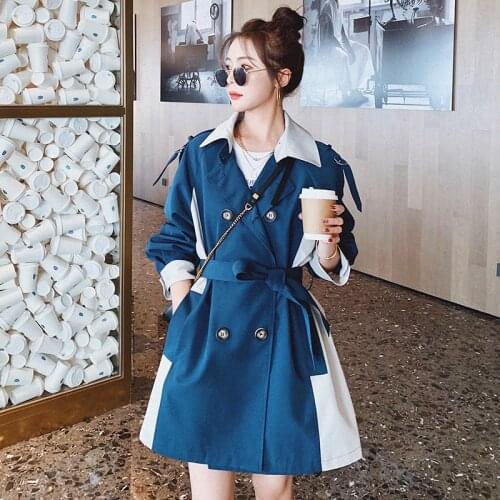 Elegant Patchwork Color Contrast Women Short Windbreaker Autumn Loose Plus Sashes Lapel Double Breasted Long Sleeve Trench Coat
