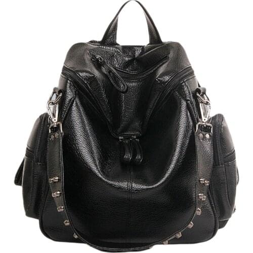 Women PU Leather Backpack Casual Large Capacity Rivet Studded Daypack Lightweight Shoulder Bag with Zipper Closure