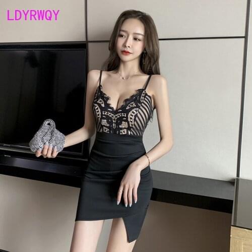 LDYRWQY 2021 new sexy low-cut lace stitching sling deep v exposed backpack hip female nightclub dress