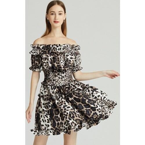 Summer Runway Designer Leopard Print Mini Dress Women Off Shoulder Slash Neck Ruffles Elastic Waist Beach Casual Dress