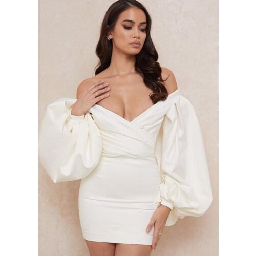 New Summer Fashion Mini Off Shoulder Dress For Women 2021 Sexy Long Sleeve White V Neck Celebrity Club Evening Party Dress