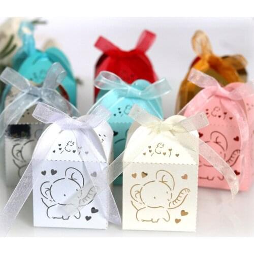 10pcs Laser Cut Elephant Hollow Carriage Favors Box Gifts Candy Dragee Boxes with Ribbon Baby Shower Wedding Birthday Wrapping