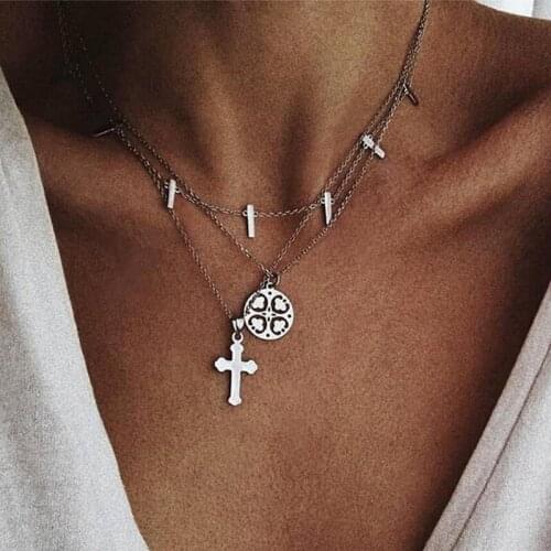 3 Pcs/Set Women Necklace Retro Cross Hollow Round Geometry Tassel Pendant Multilayer Silver Color Necklace Set Glamour Jewelry