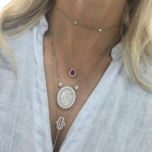 4 Pcs/Set Women Silver Color Necklaces Set Boho Virgin Mary Palm Gem Water Drop Chain Pendant Necklace Fashion Lady Gift