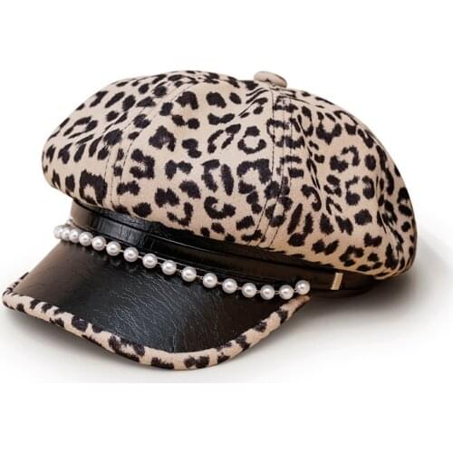 Leopard Pearl Spring Autumn Women Fashion Korean Version Beret Shading Girl Personality Peaked Cap Newsboy Hat