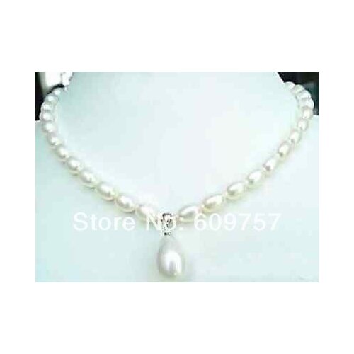 Free deliver jewelry 7-9mm White Akoya Cultured Pearl & Shell Pendant Necklace hook necklaces -jewelry